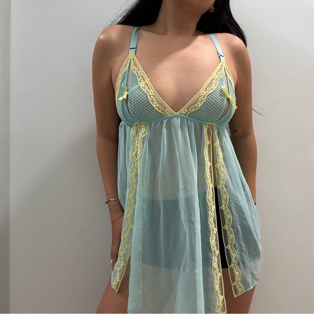 2014 Victoria’s Secret Blue & Yellow Fairycore Babydoll Lace Mini Slip Dress